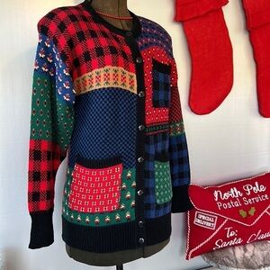 Susan Bristol button patches Grannycore cardigan 3 pockets winter long sleeveNWT